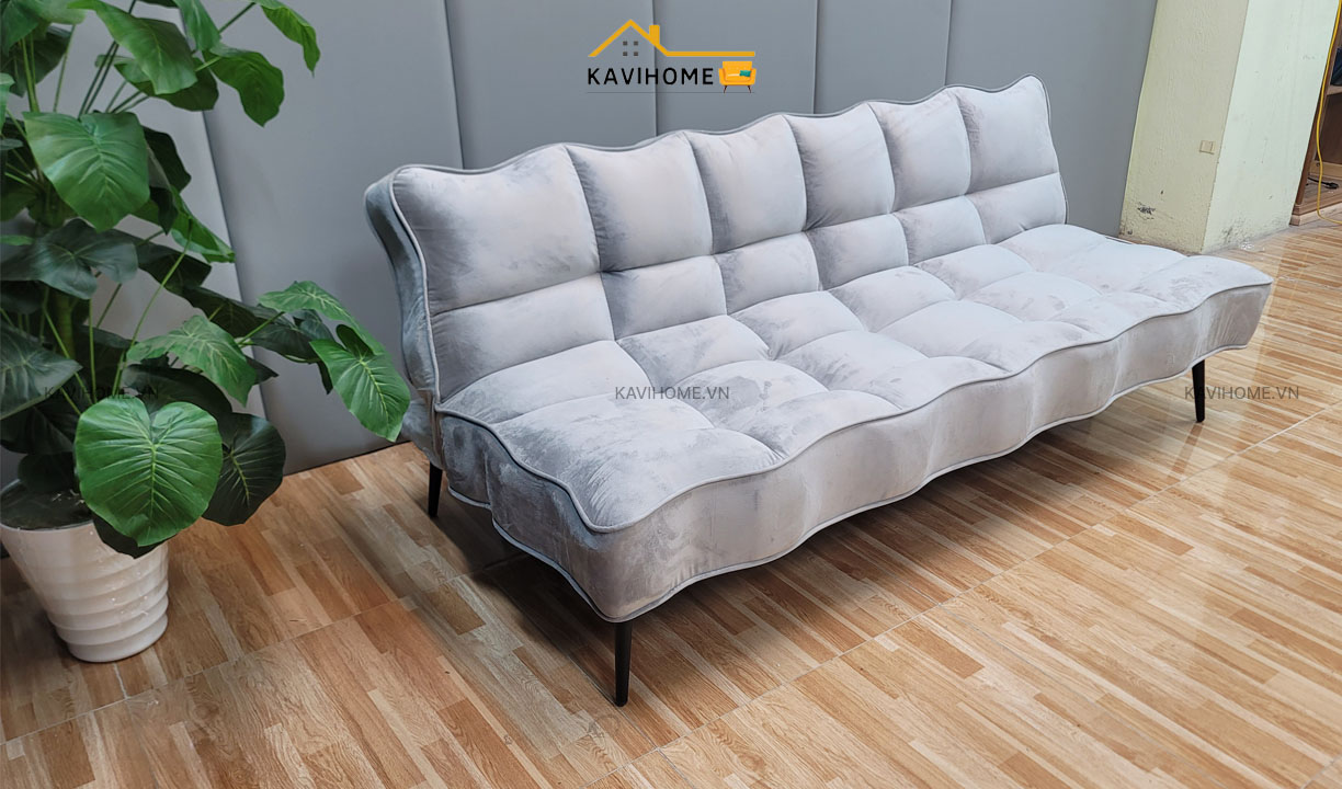 sofa bed ngả thành giường bọc nỉ xám nhạt có 4 chỗ ngồi rộng rãi