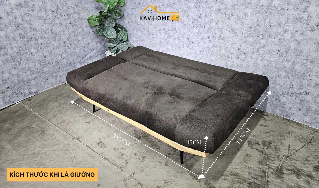 kích thước khi là giường của ghế sofa bed chân thuyền bọc nỉ nhung tăm màu nâu