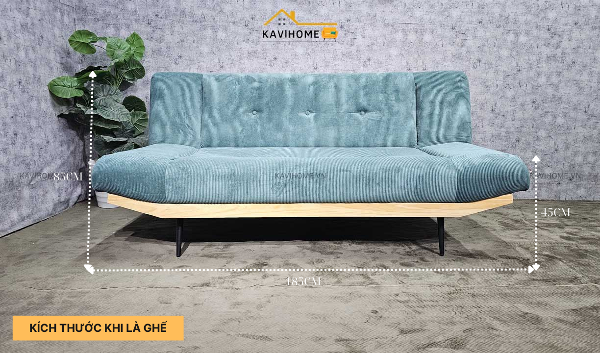 sofa bed chân thuyền bọc nỉ tăm màu xanh ngọc với kích thước nhỏ gọn