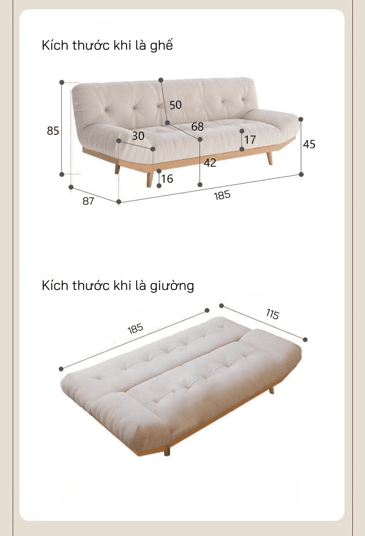 sofa bed chân thuyền kích thước nhỏ gọn 