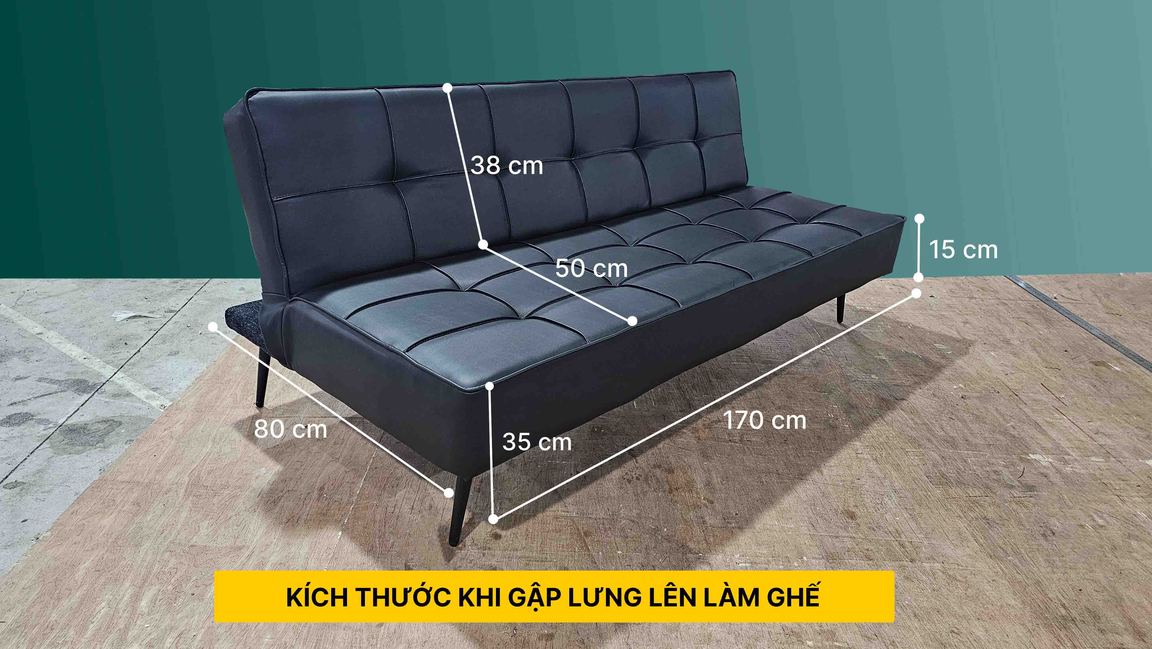 sofa bed vien vuong boc da cong nghiep mau den kich thuoc 1m7