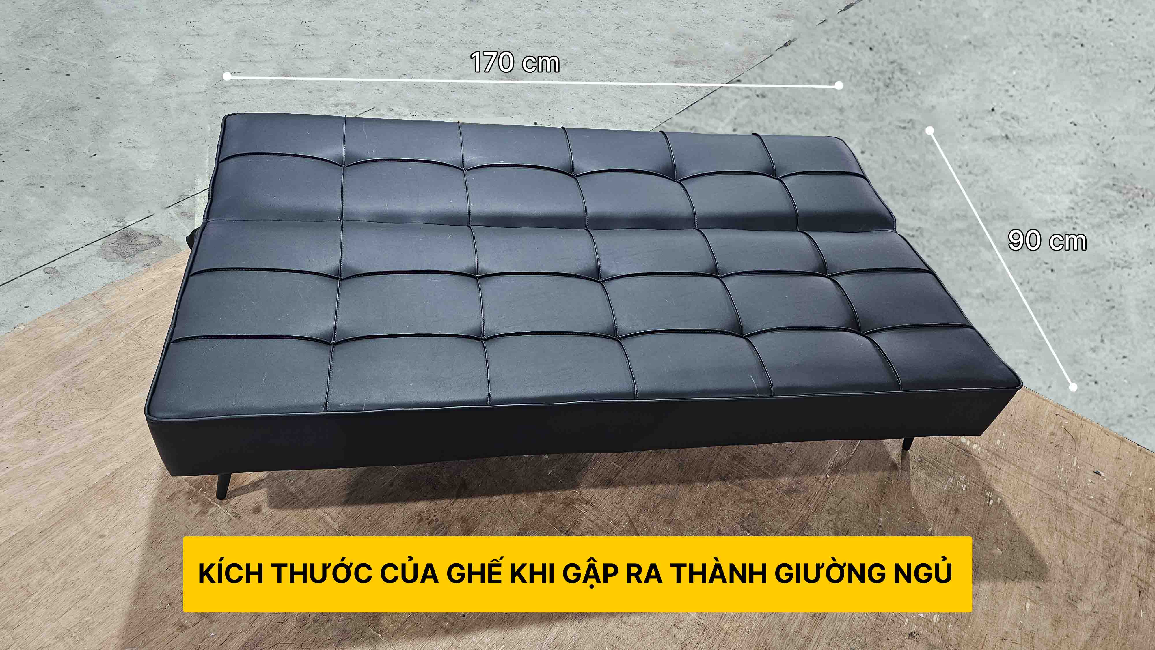 sofa giường da công nghiệp màu đen viền vuông dài 1m7