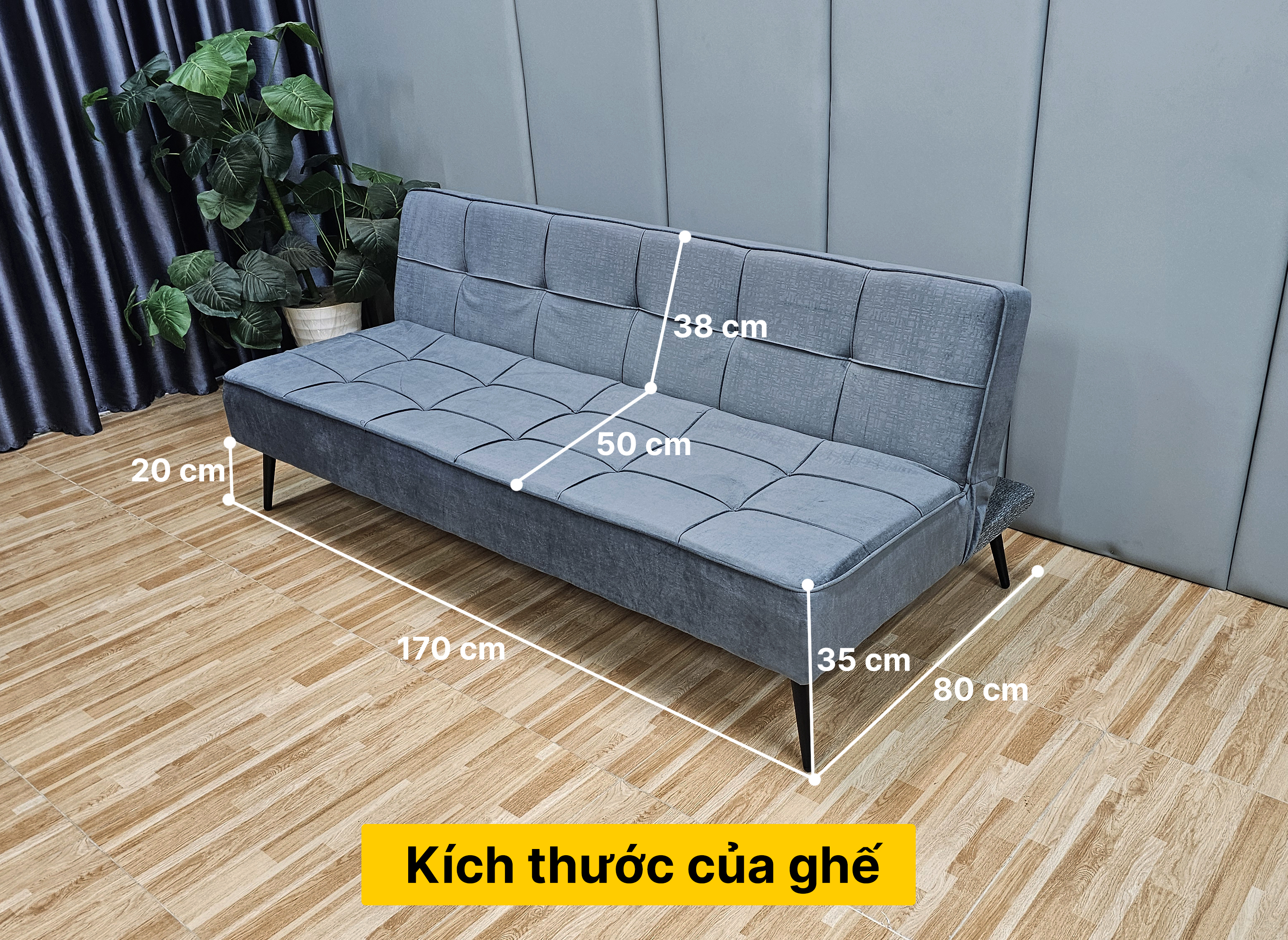 sofa giuong vien vuong 1m7 boc ni nhung mau xam dam