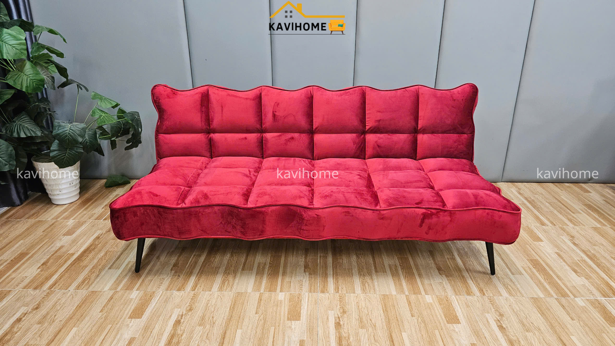 sofa bed vien may kich thuoc 1m8*1m boc ni nhung mau do