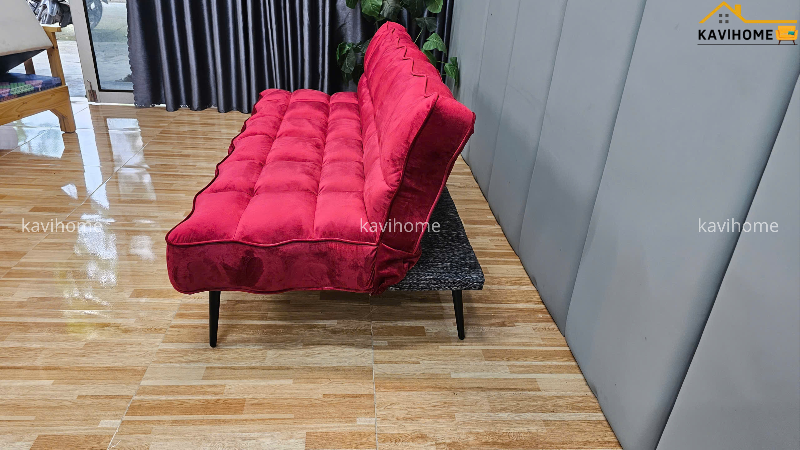 sofa bed viền mây kích thước 1m8 bọc nỉ nhung màu đỏ cá tính