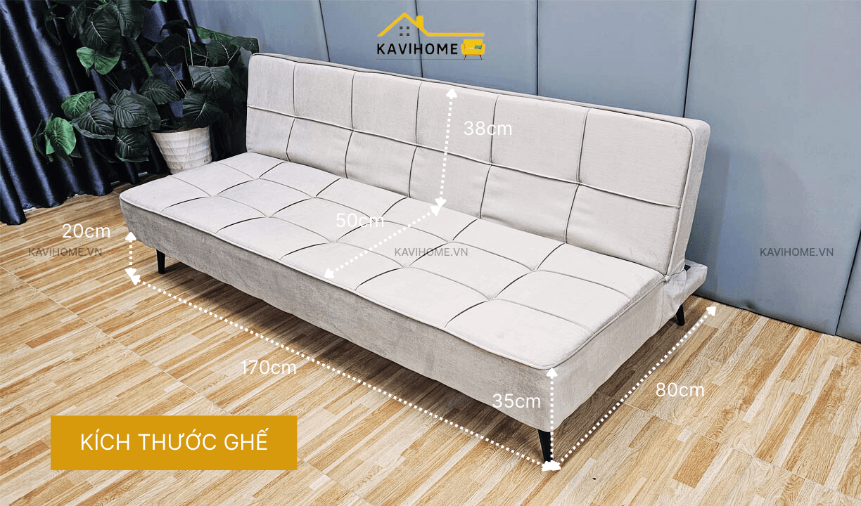 sofa bed vien vuong màu be beige kich thuoc ghe
